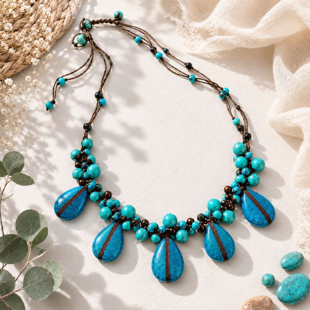Boho Blue Howlite Woven Necklace with Glass Beads and Drop Accents